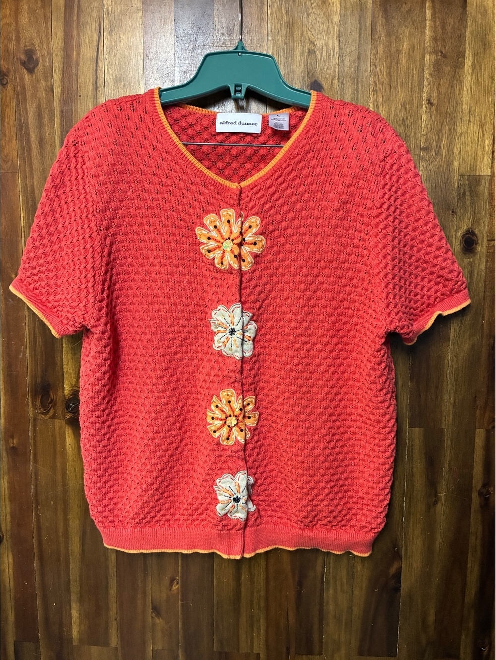 Alfred Dunner XL Floral Appliqué Cardigan Coral Cotton Knit Whimsigoth Artsy